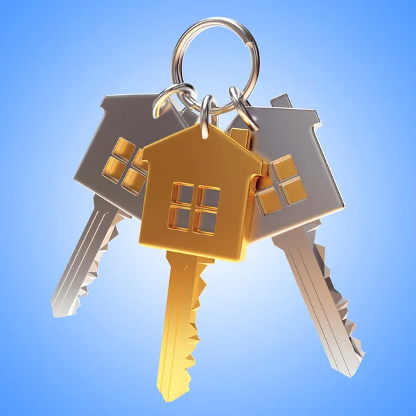 Bando de chaves douradas e prateadas em forma de casa em um chaveiro — Fotografia de Stock