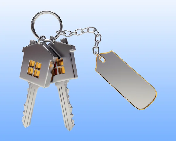 Massa house-form nycklar med Tom etikett på blå — Stockfoto
