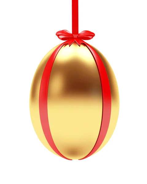 Ovo de Páscoa dourado pendurado em fita vermelha com arco — Fotografia de Stock