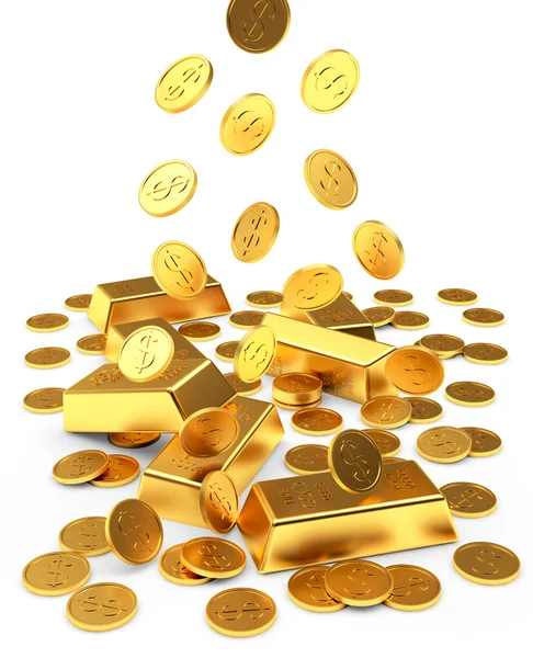 Falling golden bars and coins — Stock Photo, Image