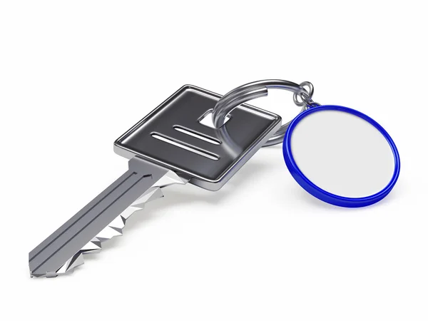 Zilveren sleutels met lege ronde sleutelhanger geïsoleerd op witte achtergrond — Stockfoto