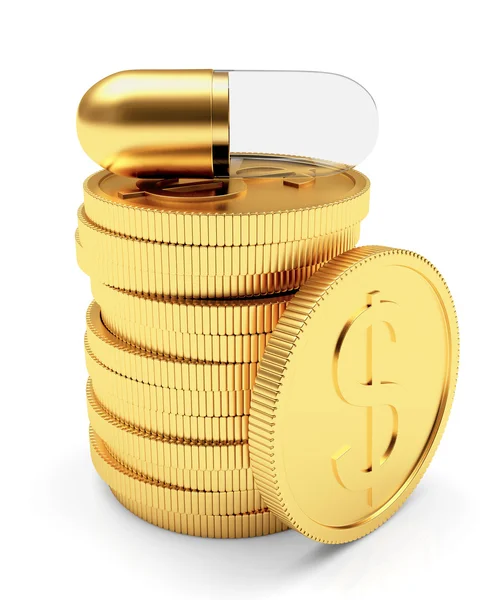 Прозрачная таблетка на пачке золотых монет — стоковое фото