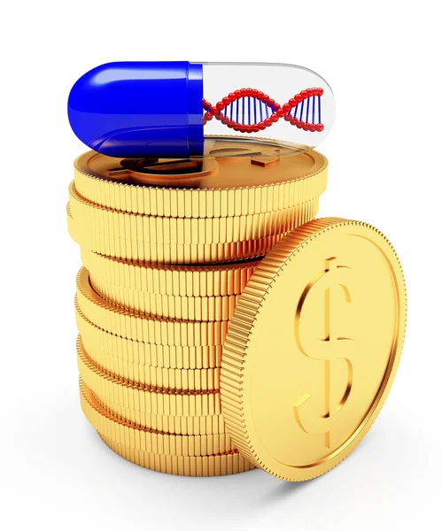 Медицинская капсула с молекулярной структурой ДНК на пачке монет — стоковое фото