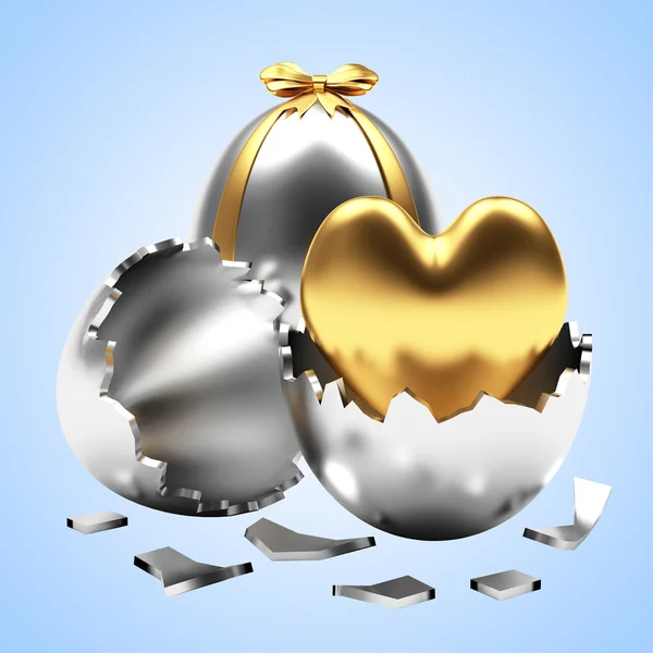 Uova di Pasqua d'argento con cuore d'oro su azzurro — Foto Stock