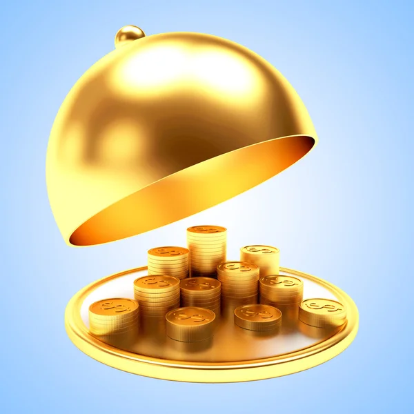 Stapel goldener Münzen auf Tablett mit offenem Deckel — Stockfoto