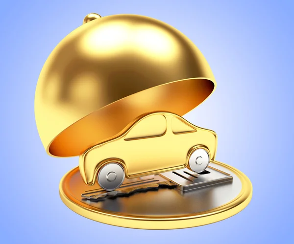Golden car on tray with open lid on blue — Stok Foto