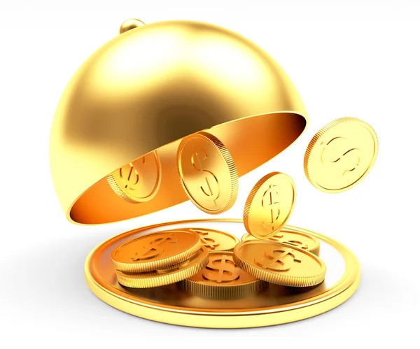 Monedas doradas en bandeja con tapa abierta — Foto de Stock