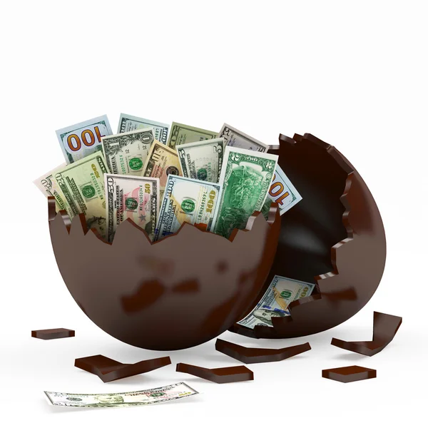 Huevo roto de chocolate lleno de billetes de dólar — Foto de Stock