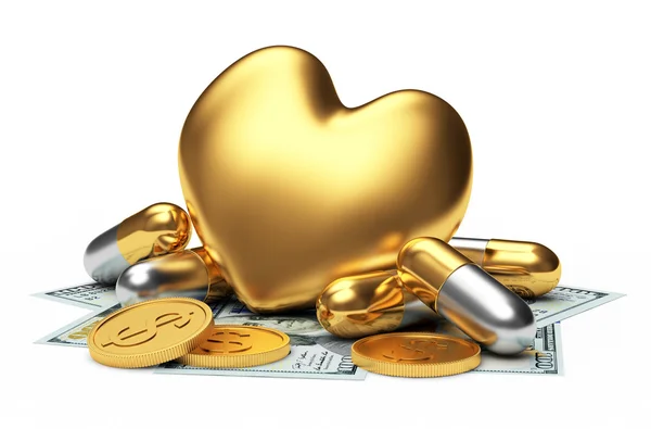Altın kalp hapları ve beyaz para ile. — Stok fotoğraf