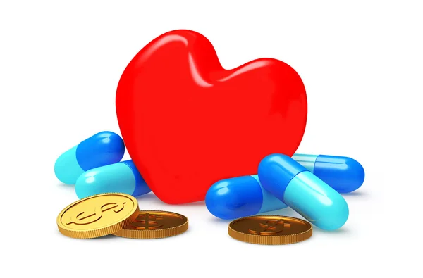 Red heart with pills and coins on white — Stock Photo, Image