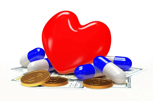 Červené srdce s prášky a peníze na bílém pozadí — Stock fotografie