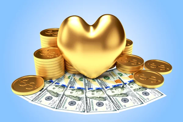 Χρυσή καρδιά, ανάμεσα σε ένα σωρό κέρματα και λογαριασμούς δολαρίων με μπλε — Φωτογραφία Αρχείου