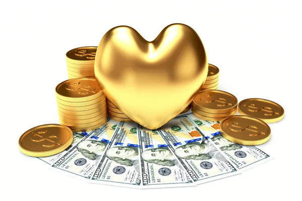 Corazón de oro entre un montón de monedas y billetes de dólar en blanco — Foto de Stock