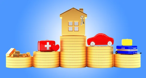 Dům, auto, úspory, zdravotní a cestovní kufry na hromádky mincí — Stock fotografie