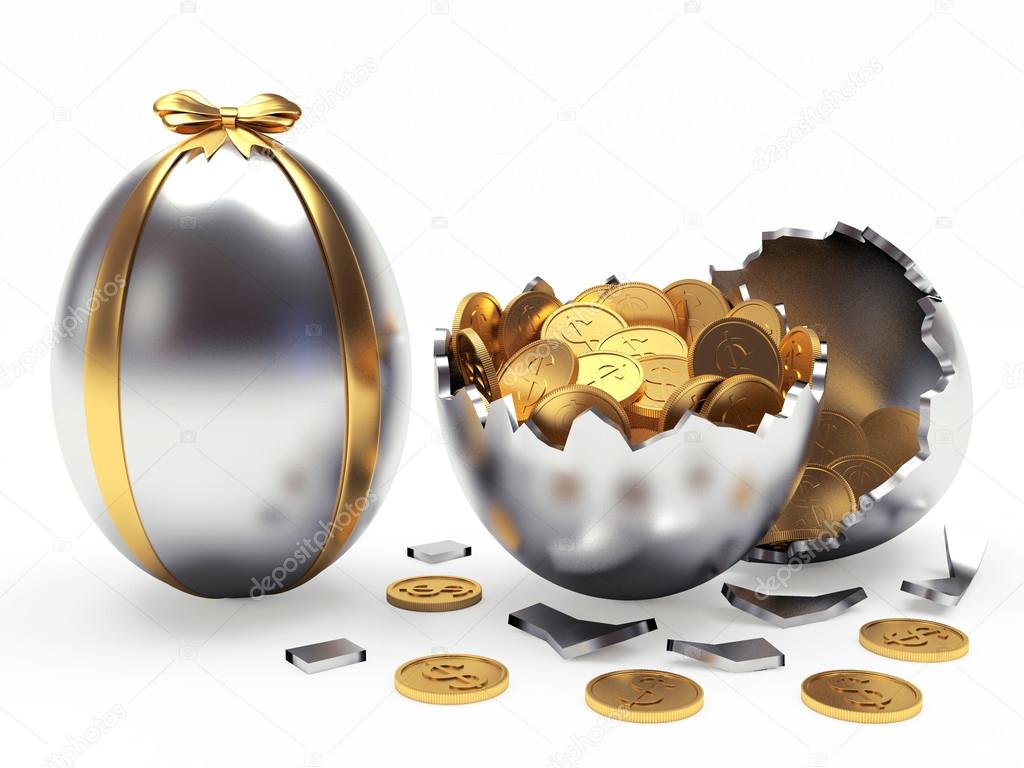 Silver Easter egg decorated ribbon and broken egg with coins