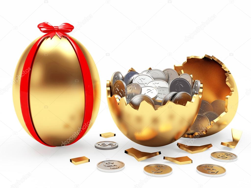 Golden Easter egg decorated red ribbon and broken golden egg with coins