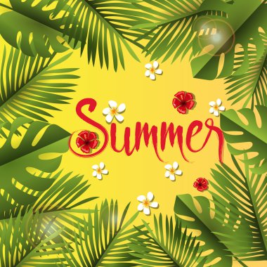 Kelime yaz bir sarı zemin üzerine kart ile palmiye yaprakları.