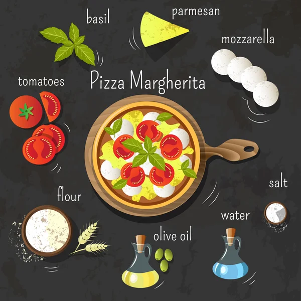 Pizza Margherita on the board. Ingredients for pizza — Stock Vector
