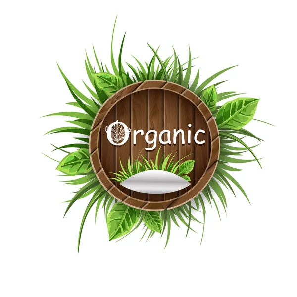 Деревянная этикетка с зеленой, свежей травой и листьями. Икона для органических продуктов или косметики. Надпись. Векторный дизайн — стоковый вектор