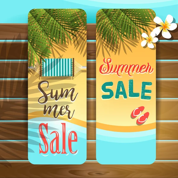 Summer Sale. Two tag located on the pier wooden. — Stock Vector