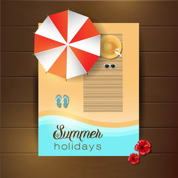 Postcard summer vacation. Seashore with an umbrella from the sun. — Stock Vector