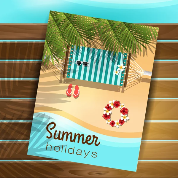 Postkarte Sommerferien. Strand mit Palmen und Hängematte. — Stockvektor