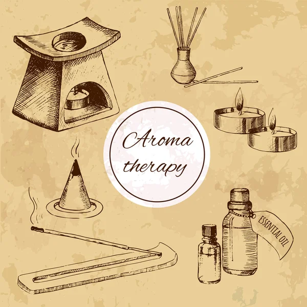 Aromaterapi için ayarlayın. Tedavi temel yağlar. Rahatlama ve dinlenme. Tütsü sopa ve yağ yakıcı. El ile kroki. Vintage tarzı. Vektör