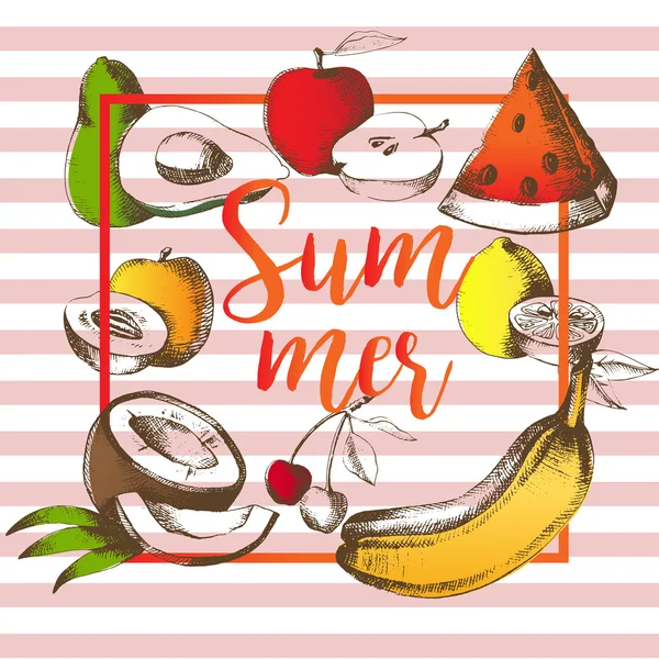 Poster férias de verão, cartão com frutas. Férias. Projeto vetorial —  Vetores de Stock