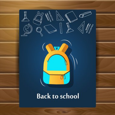 Okula geri dön. Okul simgeleri ve ahşap bir arka plan üzerinde sırt çantası ile Vektör poster. Grafik stili çizimindeki çizimler. Elle çizim.