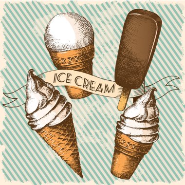 Vintage dondurma seti. Vektör serbest çizim, gölgeleme, çizim. Yaz sezonu. Grafik stilinde boyanmış çizim.