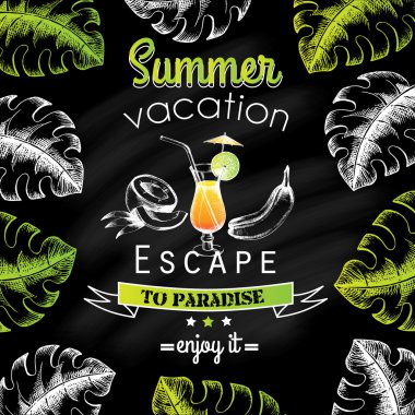 Poster yaz tatili, tahtadaki yazıt. Siyah üzerine beyaz. Yazı ve palmiye yaprakları etrafında. Cennete kaç. Vektör tasarımı