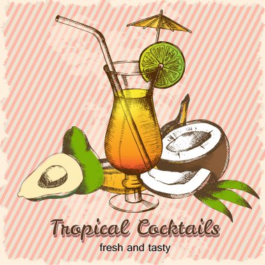 Kokteyl ve tropikal meyve ile Vintage poster. Vektör serbest çizim, gölgeleme, çizim. Yaz sezonu. Grafik stilinde boyanmış çizim.