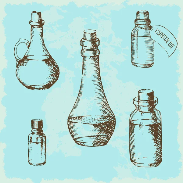 Set of glass bottles painted by hand. Sketch. Jars and bottles can be used for essential oils, vegetable oils, medicinal preparations. — Stock Vector