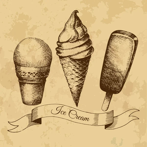 Conjunto de helado. Cono, pastel de esquimales. Vintage. Dibujo a mano. Temporada de verano. Ilustración vectorial — Vector de stock
