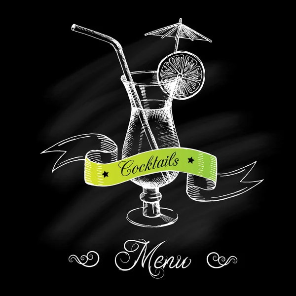Cocktail com limão, palha, guarda-chuva e fita em um quadro-negro. Pode ser usado como um logotipo e um menu. Temporada de verão. Ilustrações em estilo gráfico. Desenho à mão. Preto e branco. Vetor — Vetor de Stock