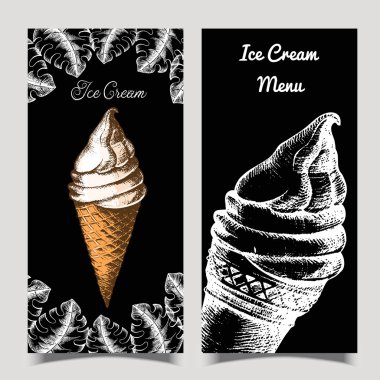 Dondurma ile Vektör afiş. Siyah üzerine beyaz, serbest çizim. Çizim. Yaz sezonu. Restoran ve kafe için menü. Grafik stilinde boyanmış çizim