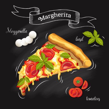 Slice of Pizza Margherita with ingredients. Tomatoes, mozzarella, basil and pizza on a blackboard. Image for the menu. Vector graphics clipart