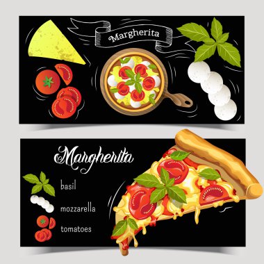 İki kitapçıklar Pizza Margherita kümesi. Siyah bir zemin üzerine pizza için malzemeler. Reklam, web veya bir reçete için kullanılabilir. Vektör grafikleri