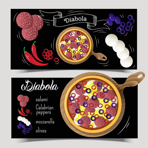 Zestaw dwóch broszur Pizza Diabola. Składniki na pizzy na czarnym tle. Może służyć do reklamy, sieci web lub recepty. Grafika wektorowa — Wektor stockowy