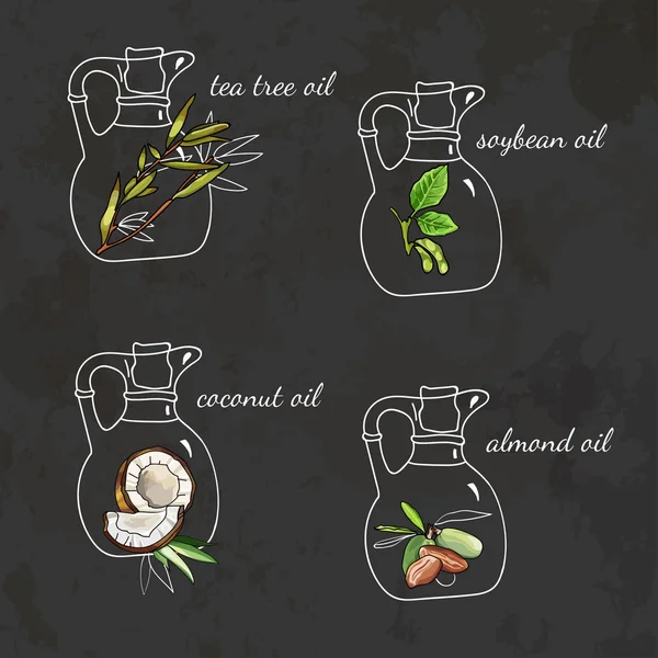 Conjunto vetorial de óleos cosméticos de amêndoa, soja, chá e coco. Cuidados corporais — Vetor de Stock