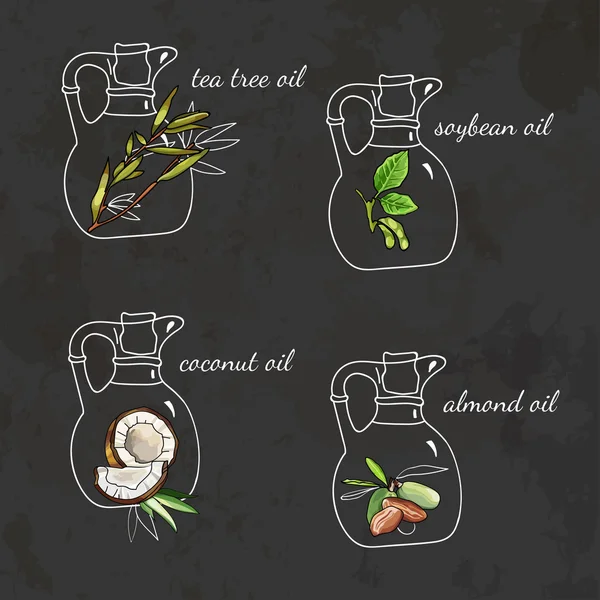 Vector set of cosmetic oils of almond, soybean, tea tree and coconut. Body care — Stock Illustration Vector set of cosmetic oils of almond, soybean, tea tree and coconut. Body care Royalty Free Stock Illustrations