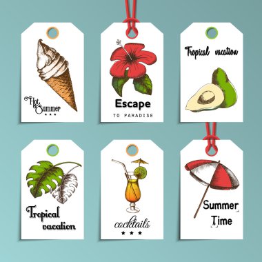 Vektör resmi yaz, tropikal simgeler dinlenme için olan etiketlerden ayarla.