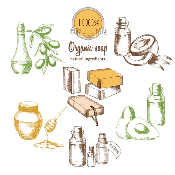 Un conjunto de ingredientes para jabón orgánico y natural . — Archivo Imágenes Vectoriales