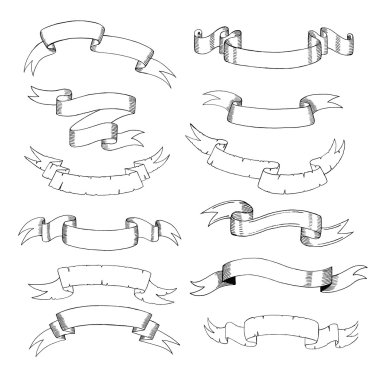 Farklı vintage kurdele beyaz üzerinde ayarlayın. El ile çizim, eskiz. Dekor için reklam veya web eski tarzı. İllüstrasyon.