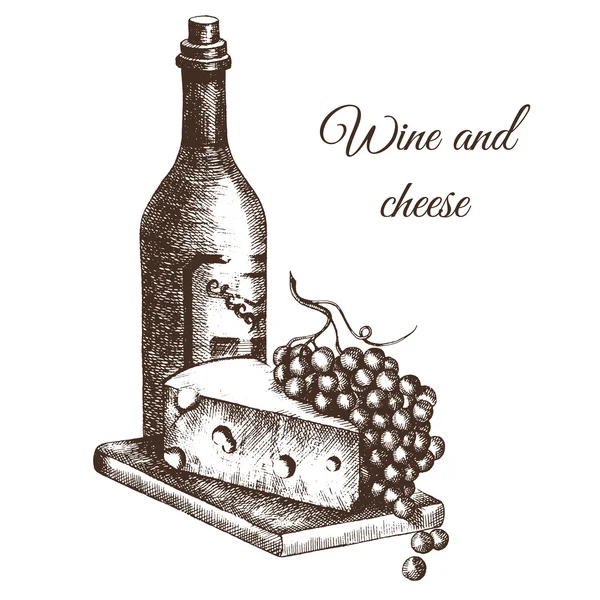 와인, 치즈 및 그래픽 스타일에 포도의 손으로 그려진된 그림 병. 스케치. — 스톡 벡터