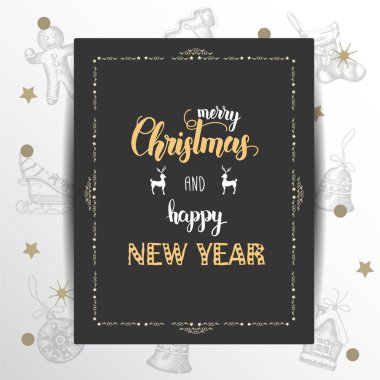 Yeni Yıl tebrik kartında festival şekeri ve yazıtlar var. Mutlu Noeller ve mutlu yıllar.