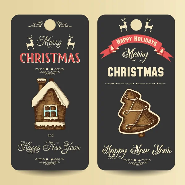 Festive Banners Greeting Inscription Merry Christmas Happy New Year Hand — Stock Vector