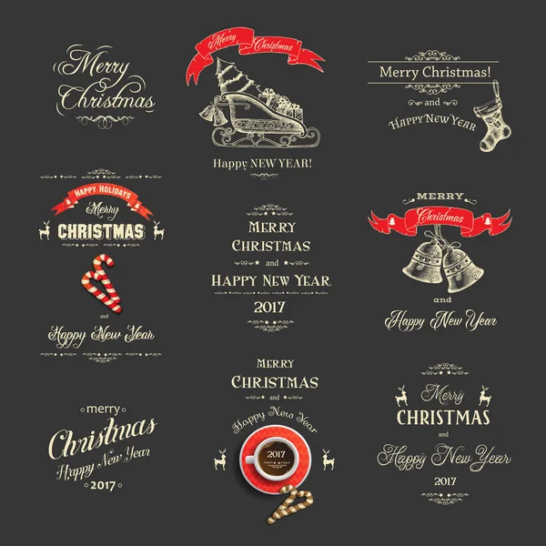Weihnachtsset Mit Glückwunsch Inschriften Mit Symbolen Auf Schwarz Handgezeichnet Schriftzug — Stockvektor