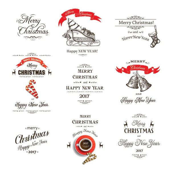 Christmas Set Congratulatory Inscriptions Symbols Black Hand Drawn Lettering Sketch — Stock Vector