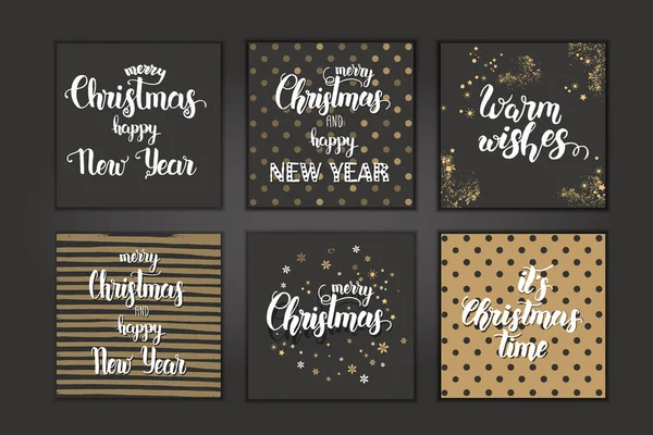 圣诞贺卡上印有时尚的字母 圣诞快乐 新年快乐 让它覆盖在金色的狗的背景上吧 — 图库矢量图片